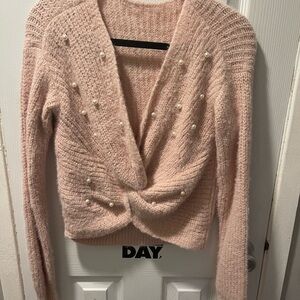 Pink V-Neck Chunky Knit Sweater